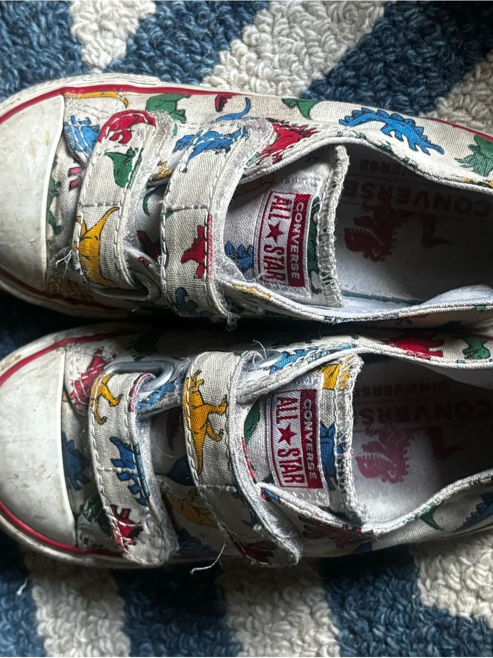 Converse Kids White Canvas Sneakers with Red, Blue, Green, Yellow Dinosaur Print